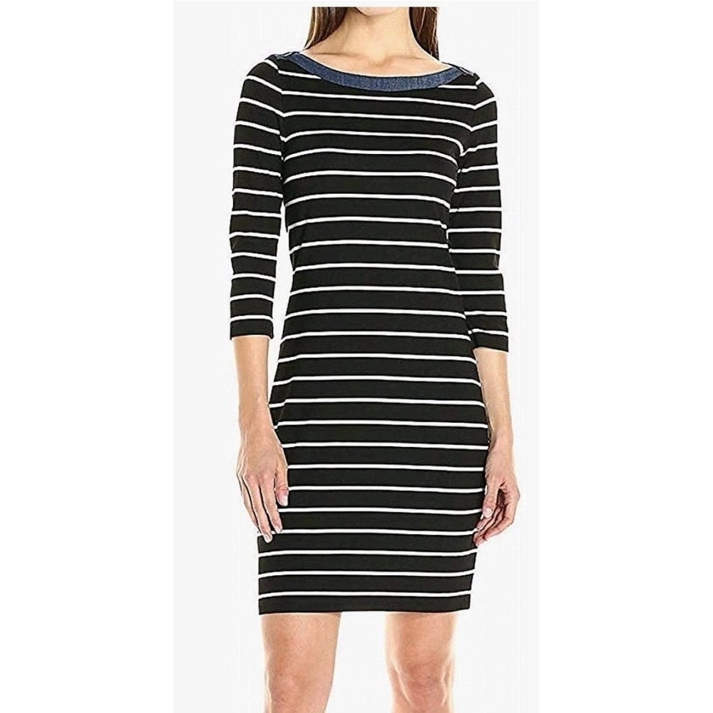 Tommy Hilfiger Size M Black White Stripe Rayon Blend Knit Boardwalk Sheath Dress